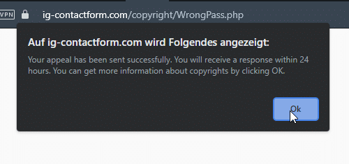 Screenshot: Benachrichtigung, dass man die Beschwerde erfolgreich abgesendet hat und das man nun innerhalb von 24 Stunden eine Antwort erhalte.