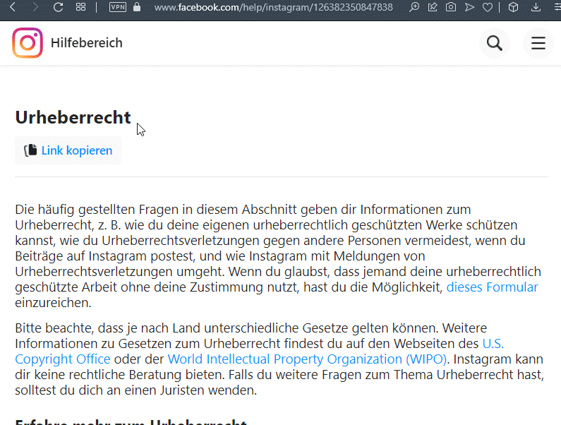 Screenshot der echten Hilfeseite von Instagram