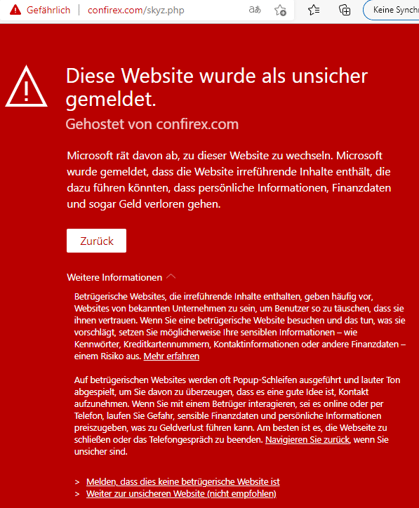 Screenshot: Betrügerische Websites, die irreführende Inhalte enthalten, geben häufig vor, Websites von bekannten Unternehmen zu sein, um Benutzer so zu täuschen, dass sie ihnen vertrauen. Wenn Sie eine betrügerische Website besuchen und das tun, was sie vorschlägt, setzen Sie möglicherweise Ihre sensiblen Informationen – wie Kennwörter, Kreditkartennummern, Kontaktinformationen oder andere Finanzdaten – einem Risiko aus. Mehr erfahren Auf betrügerischen Websites werden oft Popup-Schleifen ausgeführt und lauter Ton abgespielt, um Sie davon zu überzeugen, dass es eine gute Idee ist, Kontakt aufzunehmen. Wenn Sie mit einem Betrüger interagieren, sei es online oder per Telefon, laufen Sie Gefahr, sensible Finanzdaten und persönliche Informationen preiszugeben, was zu Geldverlust führen kann. Am besten ist es, die Webseite zu schließen oder das Telefongespräch zu beenden. Navigieren Sie zurück, wenn Sie unsicher sind.