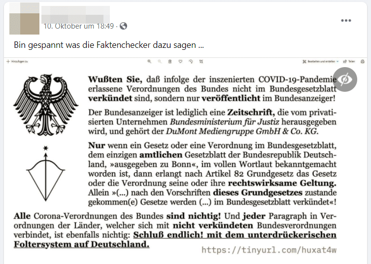 Screenshot: Facebook (Das Bild wurde von Facebook mittlerweile unkenntlich gemacht, da Faktenchecker von Facebook, in diesem Falle die DPA, diese Falschbehauptung bereits richtig gestellt haben)