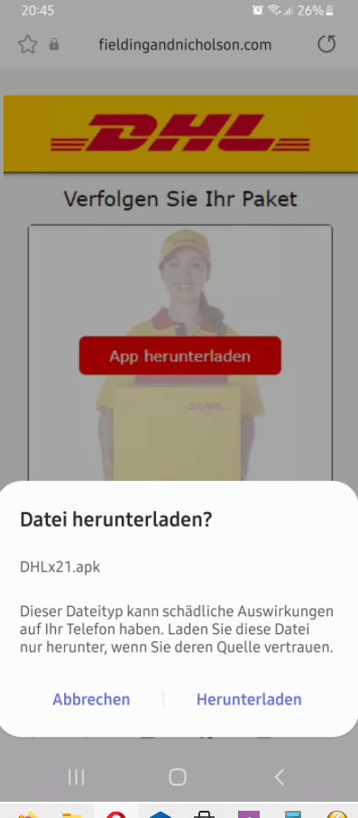 Screenshot der gefälschten DHL-App