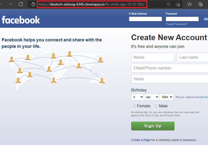 An der URL erkennbar: Das ist nicht die echte Facebook-Seite!