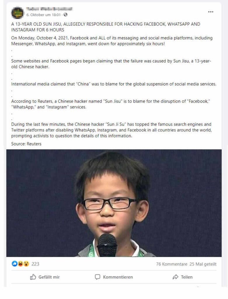 Nein, der 13-jährige Sun Jisu hat Facebook, WhatsApp und Instagram nicht gehackt – mimikama.org