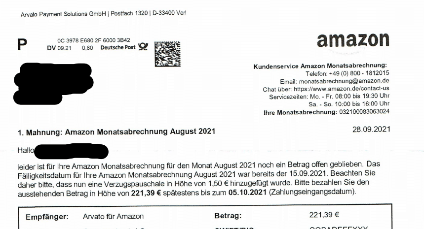 So sieht eine solche Mahnung von Amazon aus