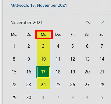 Kalenderansicht: Mittwoch, 17.11.2021