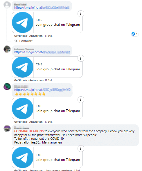 Bitcoin-Spam unter einem Facebook-Beitrag