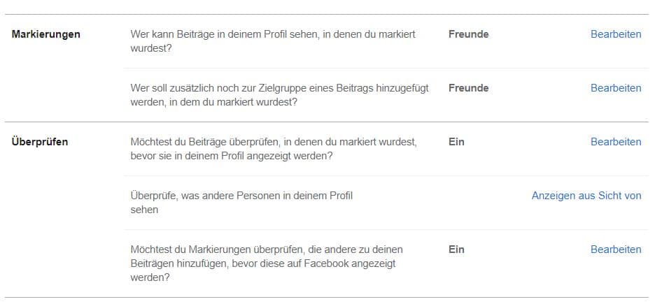 Screenshot: Facebook / "Profil und Markierungen"