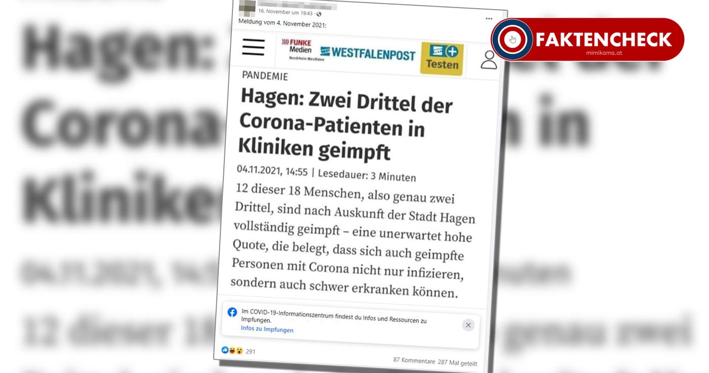 Screenshot Facebook Hagen: Zwei Drittel der Corona-Patienten in Kliniken geimpft