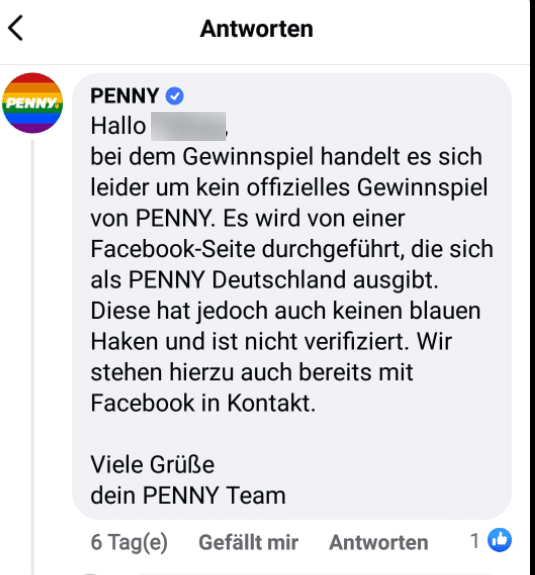 Penny Markt Deutschland: Fake Gewinnspiel auf Facebook