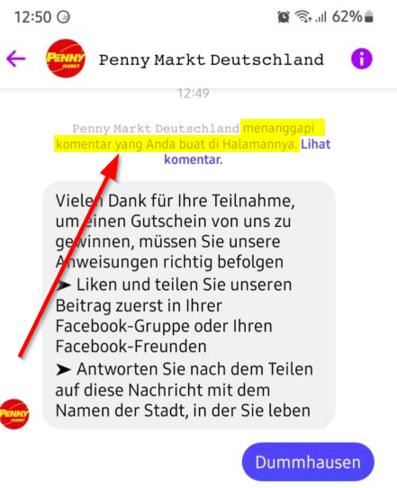 Screenshot der Nachricht mit dem Hinweis auf indonesisch