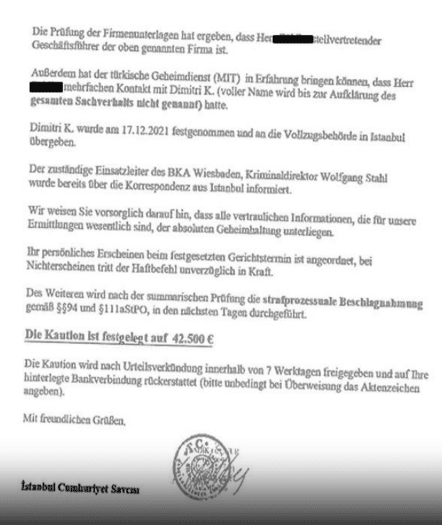 Neue Betrugsmasche mit einem einem angeblichen türkischen Haftbefehl
