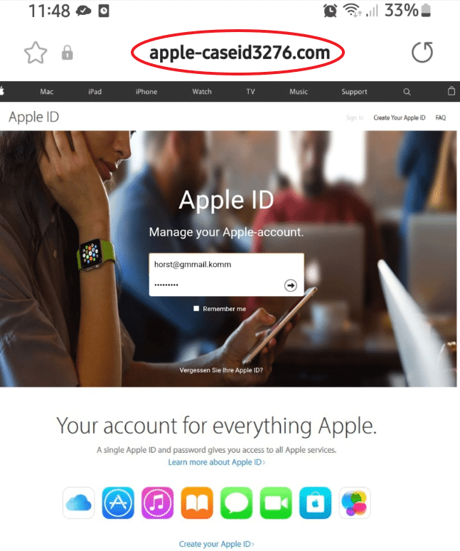 Gefälschte Seite, an der URL erkennbar