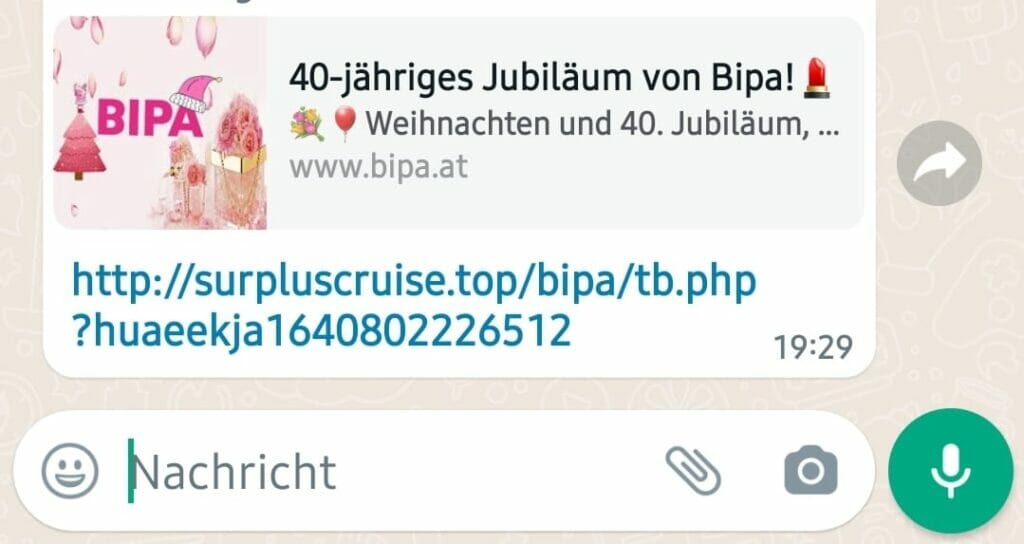 Screenshot der WhatsAppnachricht, die jedoch nicht von BIPA stammte.