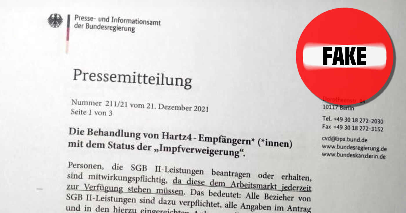 Pressemitteilung über Hartz-IV-Empfänger und Impfpflicht ist eine Fälschung!