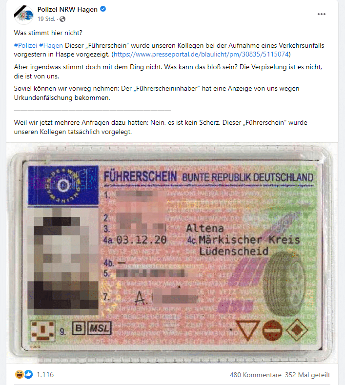 Unfallverursacher legte Polizei einen Fake-Führerschein vor – mimikama.org Screenshot Polizei / Facebook
