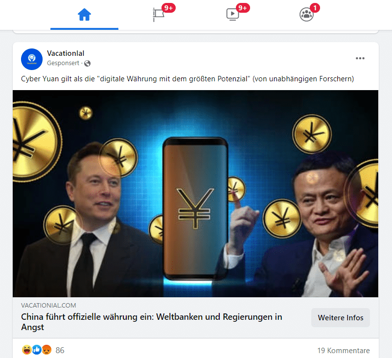 Screenshot einer Fake-Werbung auf Facebook vom 131.2022