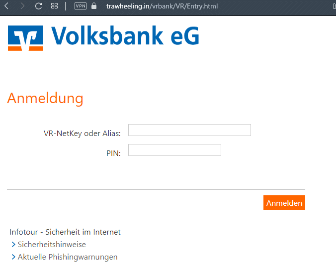 Screenshot der gefälschten Loginseite des Volksbank-Online-Bankings