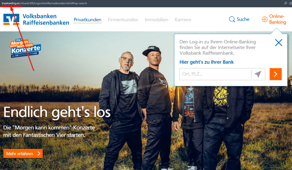 Screenshot der falschen Volksbank-Webseite