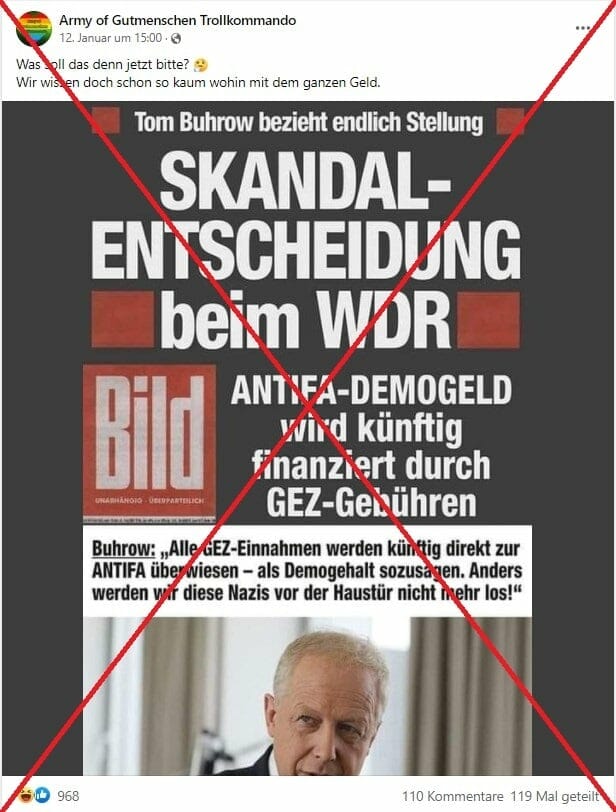 Antifa-Finanzierung durch WDR: Dieser Bild-Artikel ist eine Fälschung – mimikama.org Screenshot der Falschbehauptung auf Facebook: 28.01.2022