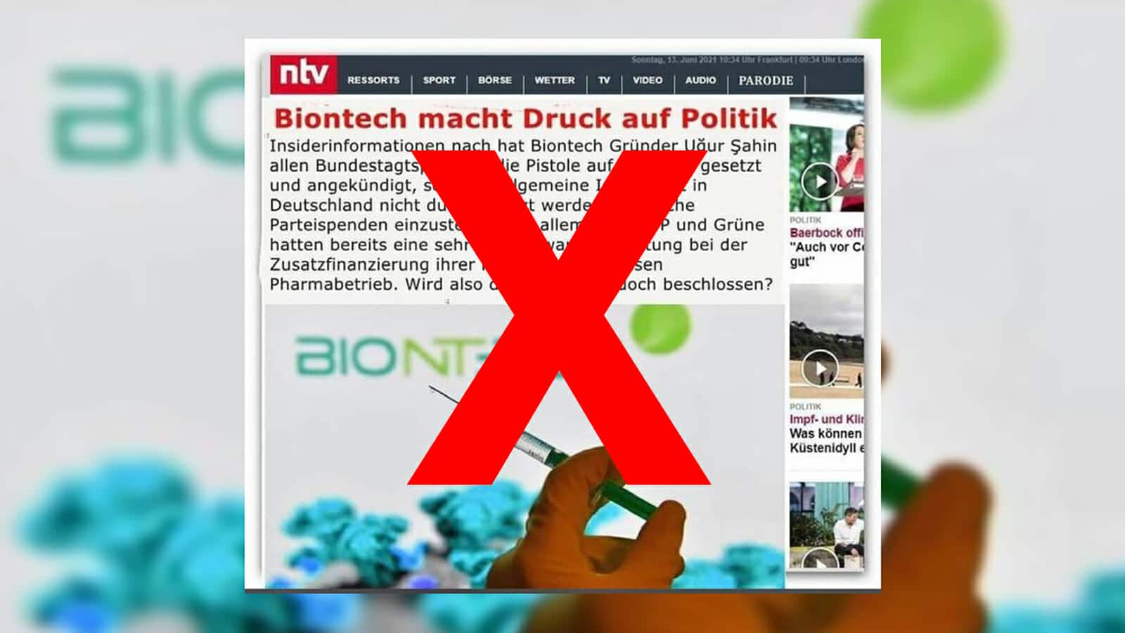 Fake: ntv-Artikel "Biontech macht Druck auf Politik"
