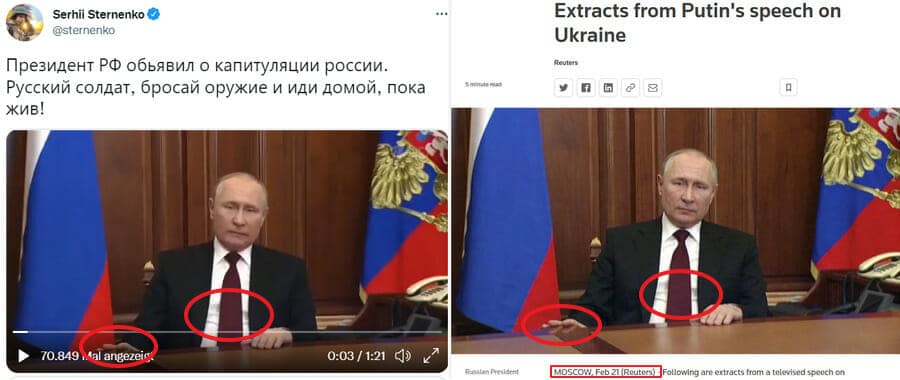 Deepfake: Putin kündigte nicht die Kapitulation Russlands an – mimikama.org Die Frames im Vergleich