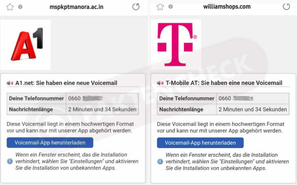Fake-Webseiten von A1 und T-MOBILE mit "Sie haben eine neue Voicemail"