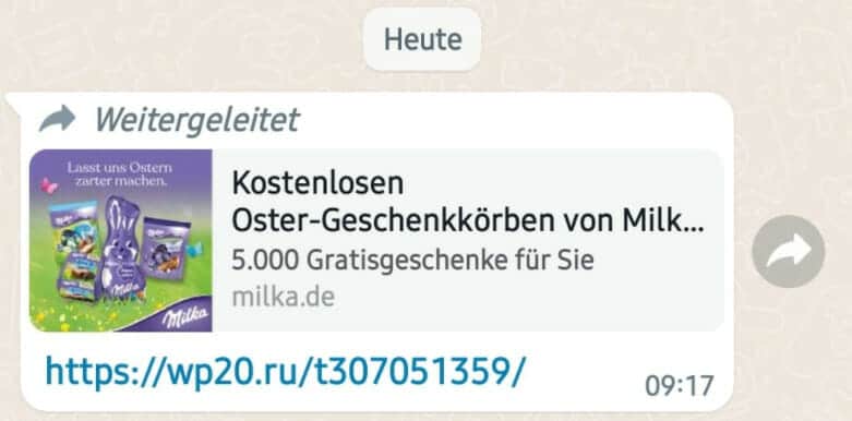 Screenshot: WhatsApp-Nachricht "Kostenlosen Oster-Geschenkörben von Milkas" (sic!)