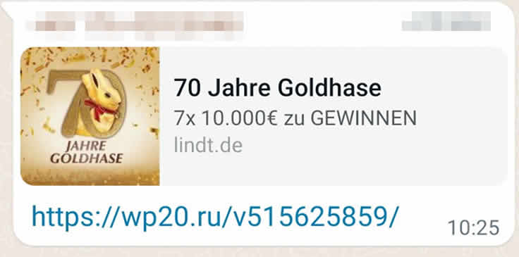 Screenshot: WhatsApp-Nachricht "70 Jahre Goldhase" (sic!)