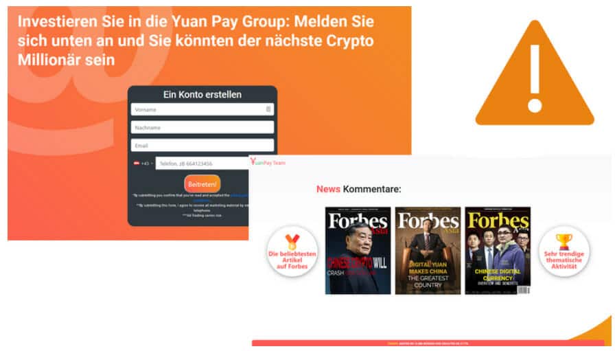 Yuan Pay Group verspricht große Gewinne, doch die Seite ist betrügerisch (Screenshot: Watchlist-Internet)