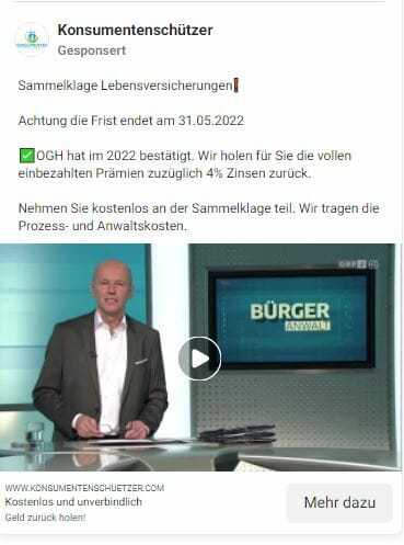 Die Konsumentenschützer nutzten zur Bewerbung ihrer Leistung auf Facebook ein ORF-Video der Sendung „Bürgeranwalt“. (Screenshot)