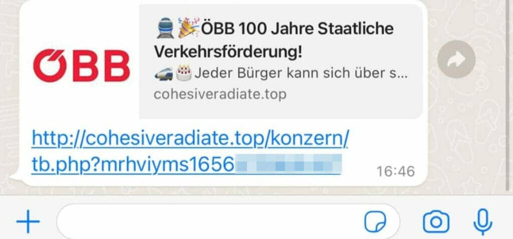 Fake-Gewinnspiel im Namen der ÖBB / Screenshot WhatsApp
