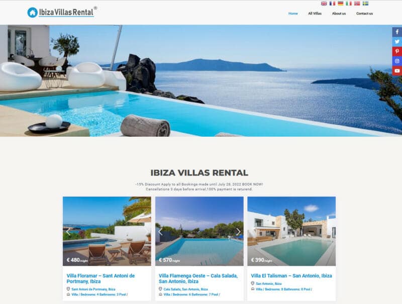 Screenshot of a booking website for last minute holiday villas in Ibiza
