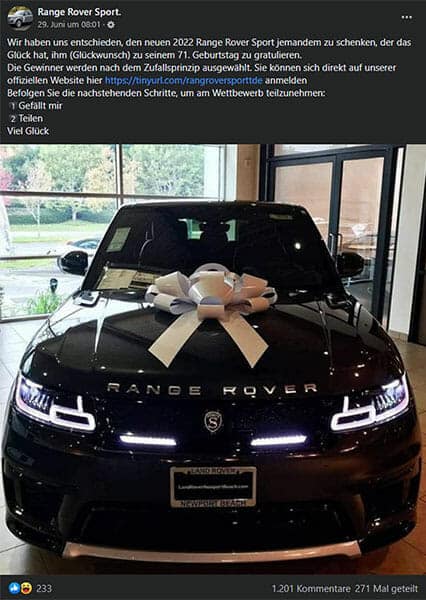 Range Rover Fake-Gewinnspiel auf Facebook