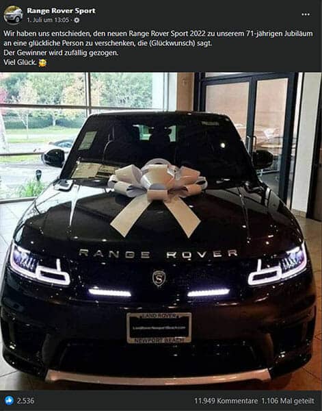 Range Rover Fake-Gewinnspiel auf Facebook