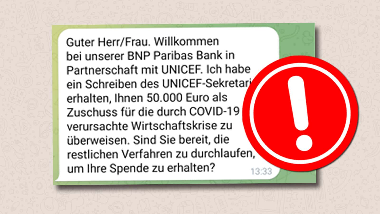 WhatsApp-Nachricht über einen COVID-19-Zuschuss von UNICEF ist Fake