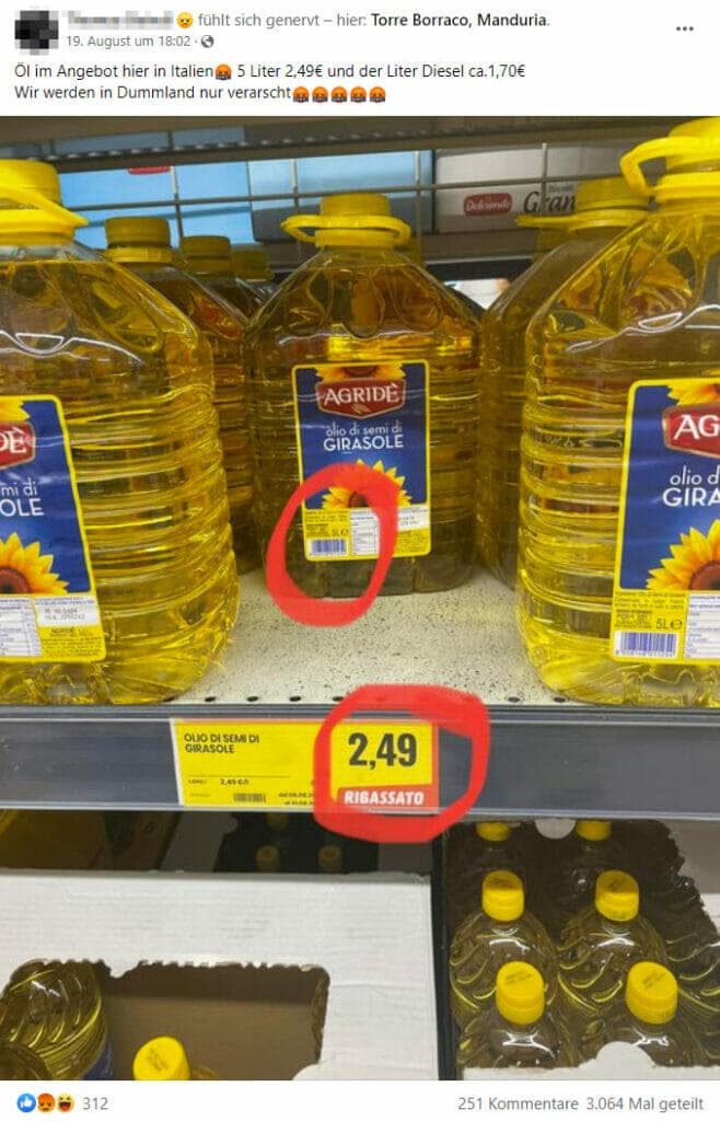 Facebook screenshot / price of sunflower oil in Italy