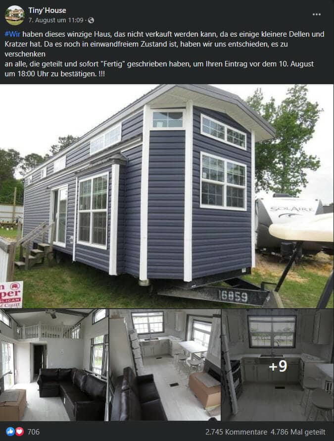 Tiny'House Fake-Gewinnspiel / Screenshot Facebook