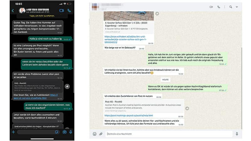 Screenshots von Chatverläufen mit betrügerischen Käufer:innen auf einem Online-Marktplatz, Bild: Watchlist Internet