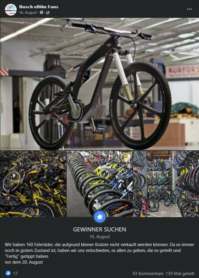 Screenshot Facebook - "Gewinner suchen" auf Bosch eBike Fans