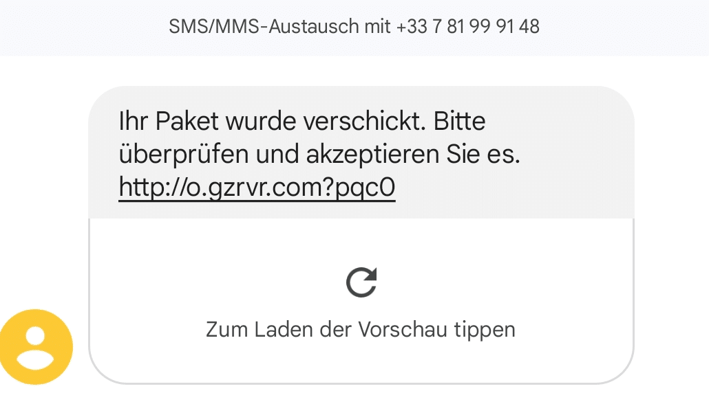 Screenshot of the fake package SMS that reads: “Your package has been sent. Please review and accept it.” 