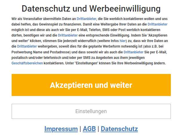 Screenshot "Datenschutz und Werbeeinwilligung"