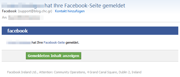 Screenshot der gefälschten Facebook E-Mail mit "hat Ihre Facebook-Seite gemeldet"