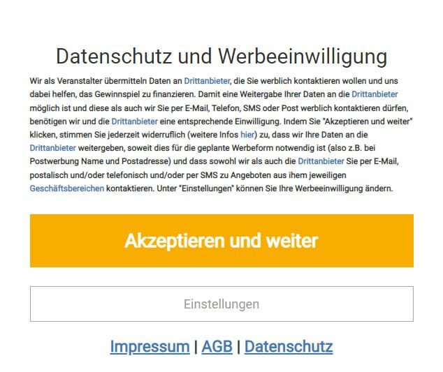 Screenshot "Gewinnspielseite" - Datenschutz und Werbeeinwilligung