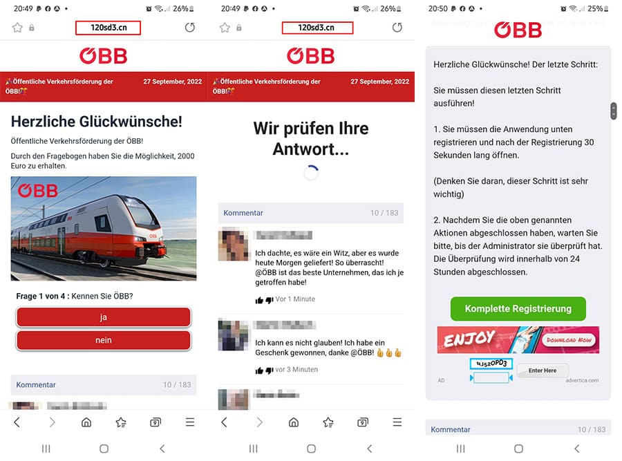 Screenshots des Fake-Gewinnspiels im Namen der ÖBB
