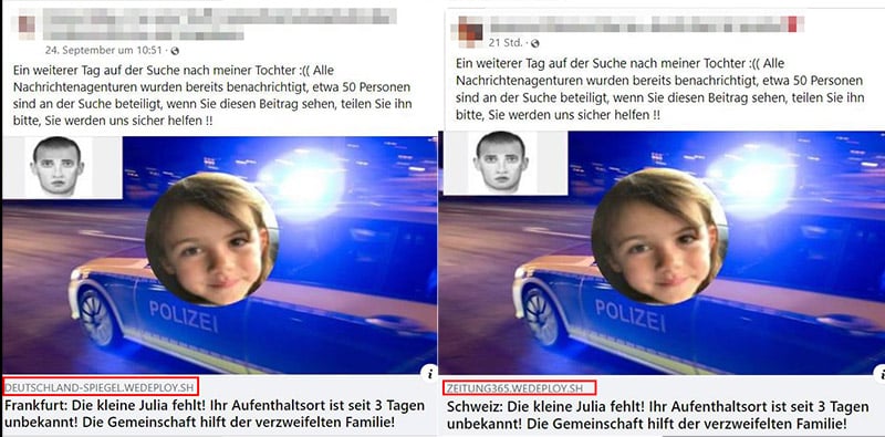 Die gleiche Meldung zu einem entführten Mädchen, verschiedene Orte / Screenshots Facebook