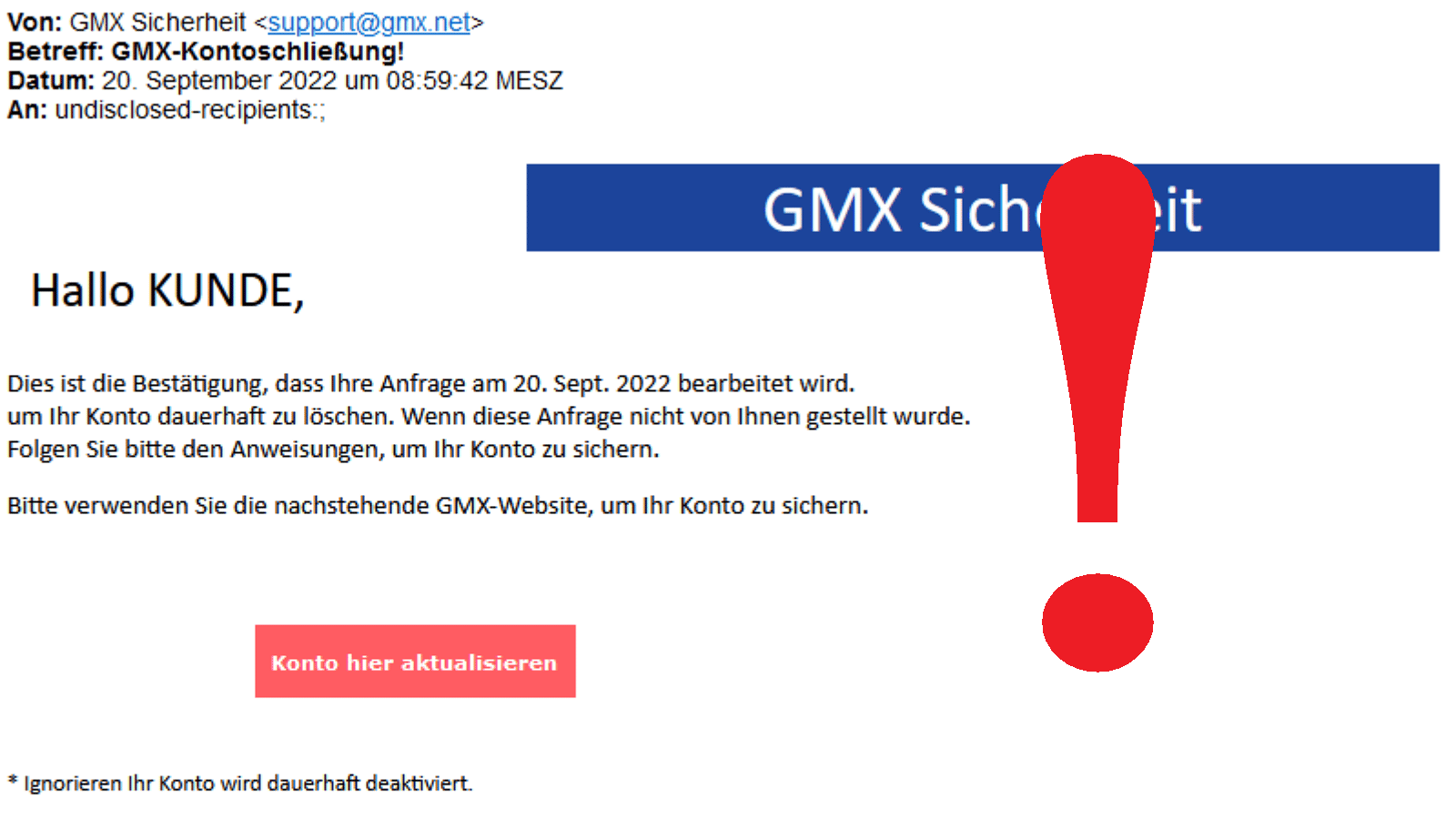 Phishing: Falsche GMX-Mail führt auf täuschend echt nachgebaute Startseite!