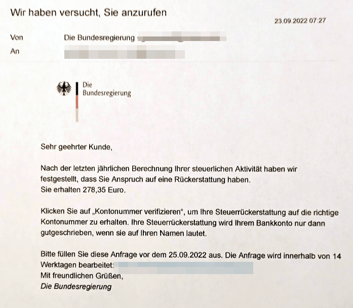 Screenshot der gefälschten E-Mail der deutschen Bundesregierung
