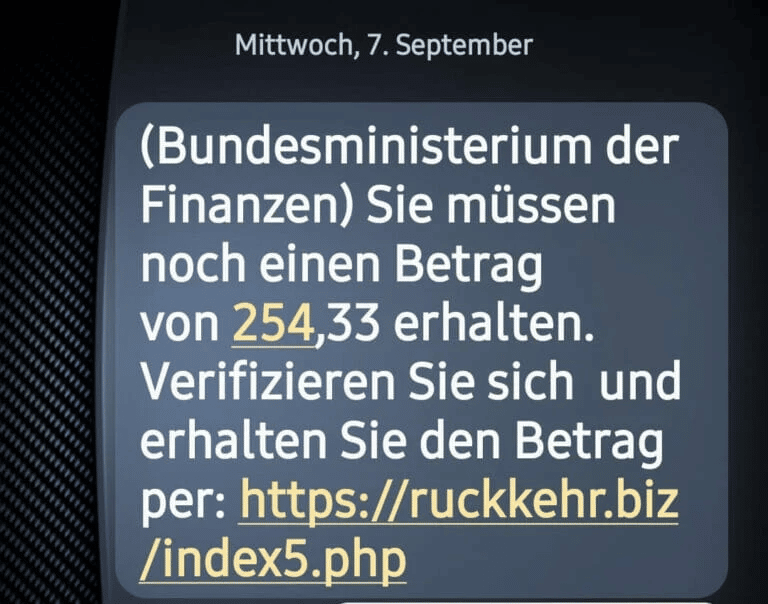 Screenshot der gefälschten SMS des Bundesministeriums für Finanzen