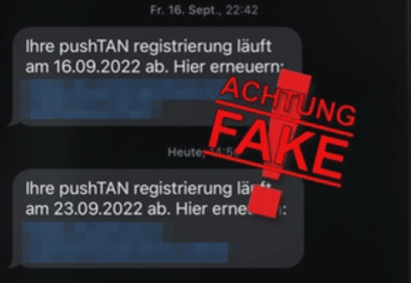 Screenshot der SMS zu "Ihre PushTAN Registrierung läuft ab"