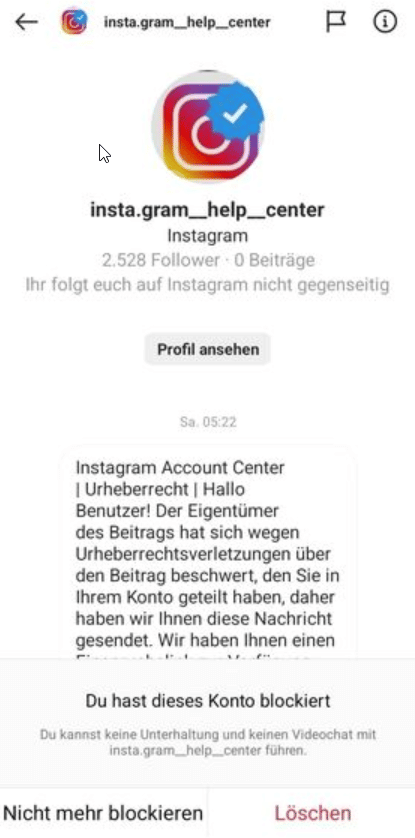 Screenshot des falschen Instagram-Kontos des "Instagram Help Centers"